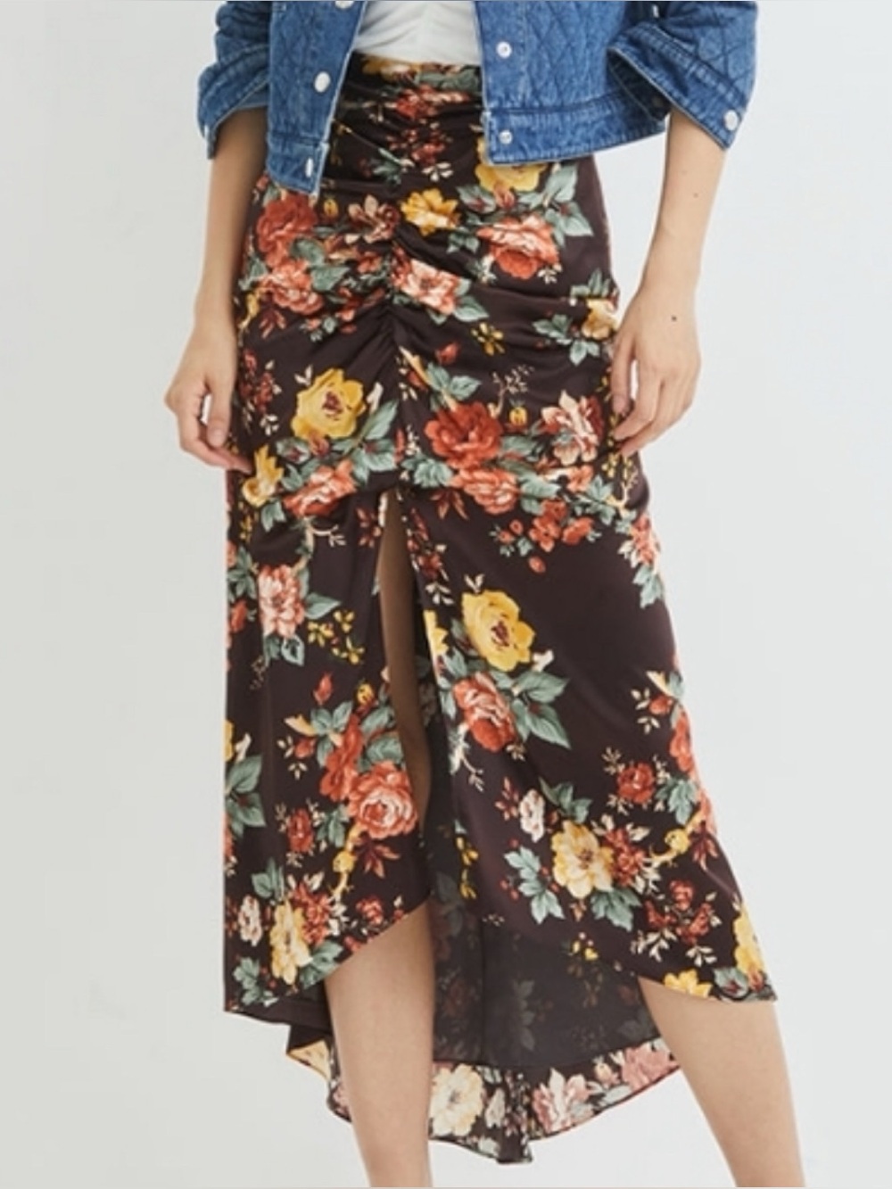 Veronica Beard Silk Brown Floral Ruched Gathered Satin Pixie Midi Skirt Size 4